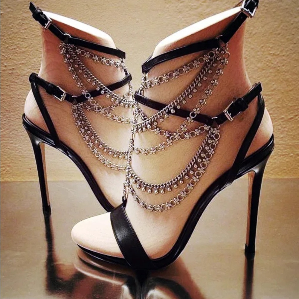 Gianvito Rossi Leather Chain-Link Accents Slingback Sandals size 6.5 37 - Picture 6 of 13